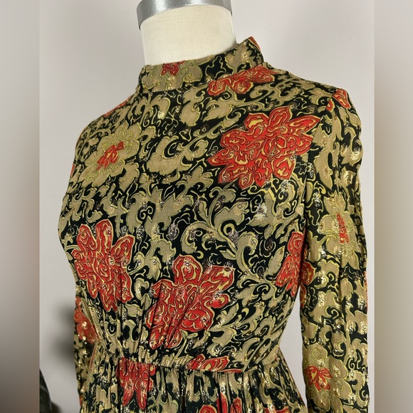 Vintage 60’s Gold Mock Neck Floral Maxi India Cotton Party Dress with Pockets - Picture 6 of 15